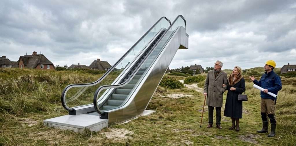 Rolltreppe mitten in den Dünen von Kampen, daneben ein älteres Paar und ein Bauarbeiter mit Bauplan, im Hintergrund Reetdachhäuser