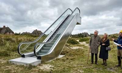 Rolltreppe mitten in den Dünen von Kampen, daneben ein älteres Paar und ein Bauarbeiter mit Bauplan, im Hintergrund Reetdachhäuser