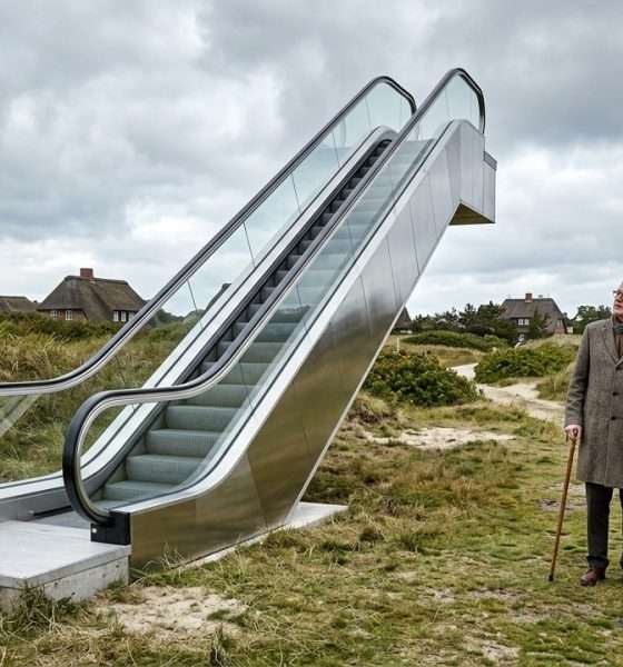 Rolltreppe mitten in den Dünen von Kampen, daneben ein älteres Paar und ein Bauarbeiter mit Bauplan, im Hintergrund Reetdachhäuser