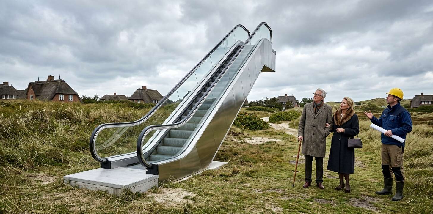 Sylter Neue Presse: Satirezeitung druckt Ausgabe 10/26 nur bei 250 Vorbestellungen 89 Rolltreppe mitten in den Dünen von Kampen, daneben ein älteres Paar und ein Bauarbeiter mit Bauplan, im Hintergrund Reetdachhäuser