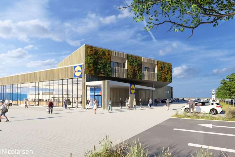 Spatenstich in Tinnum: Lidl baut Filiale mit 15 Wohnungen für Insulaner 3 Rendering der geplanten Lidl-Filiale in Sylt-Tinnum mit Holzfassade, begrünten Wänden und Wohnungen im Obergeschoss