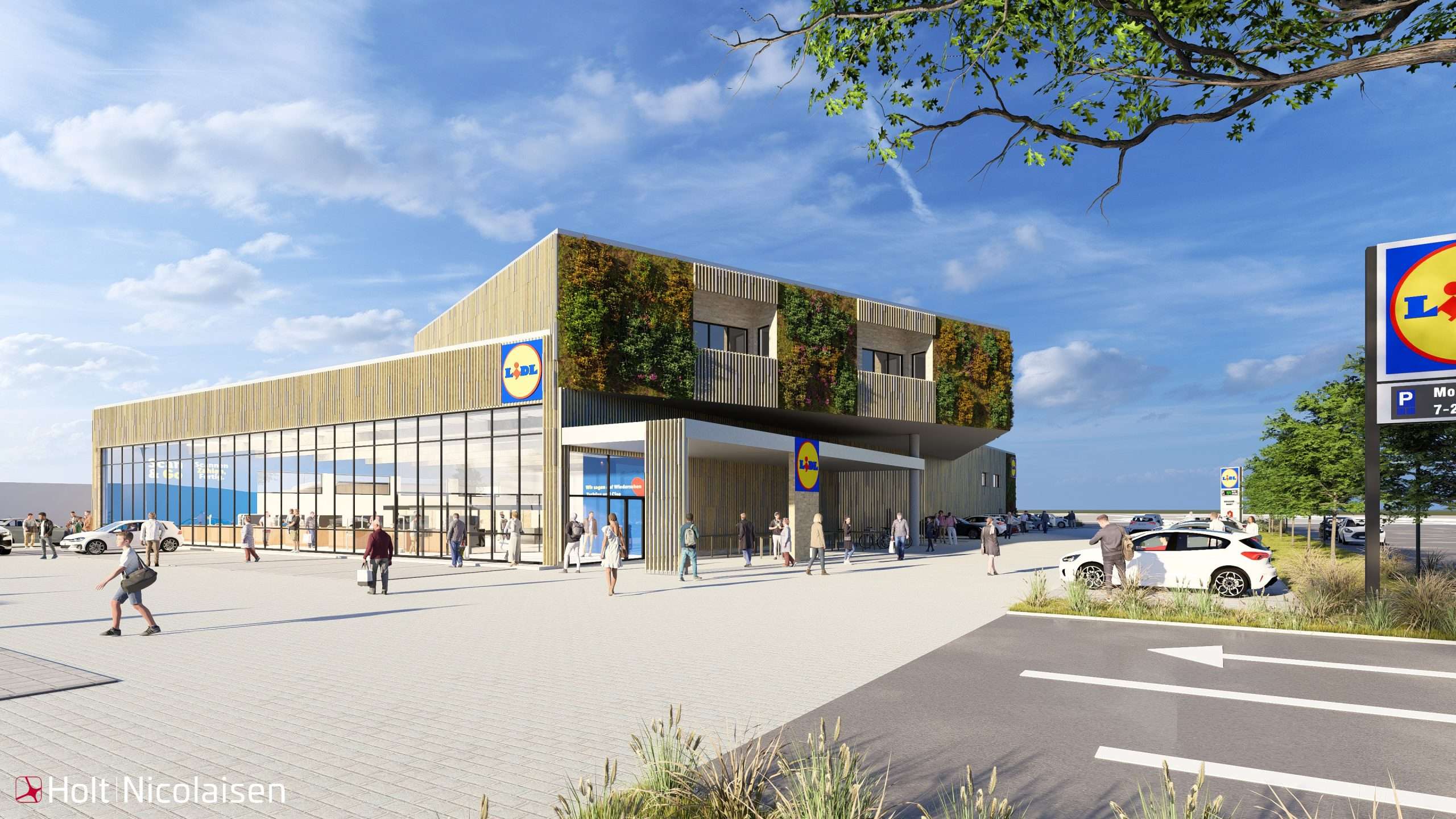 Rendering der geplanten Lidl-Filiale in Sylt-Tinnum mit Holzfassade, begrünten Wänden und Wohnungen im Obergeschoss